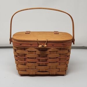 1991 Longaberger Basket w/ Lid & Swing Handle – 10.5"x6"x6.5" – Red Accent